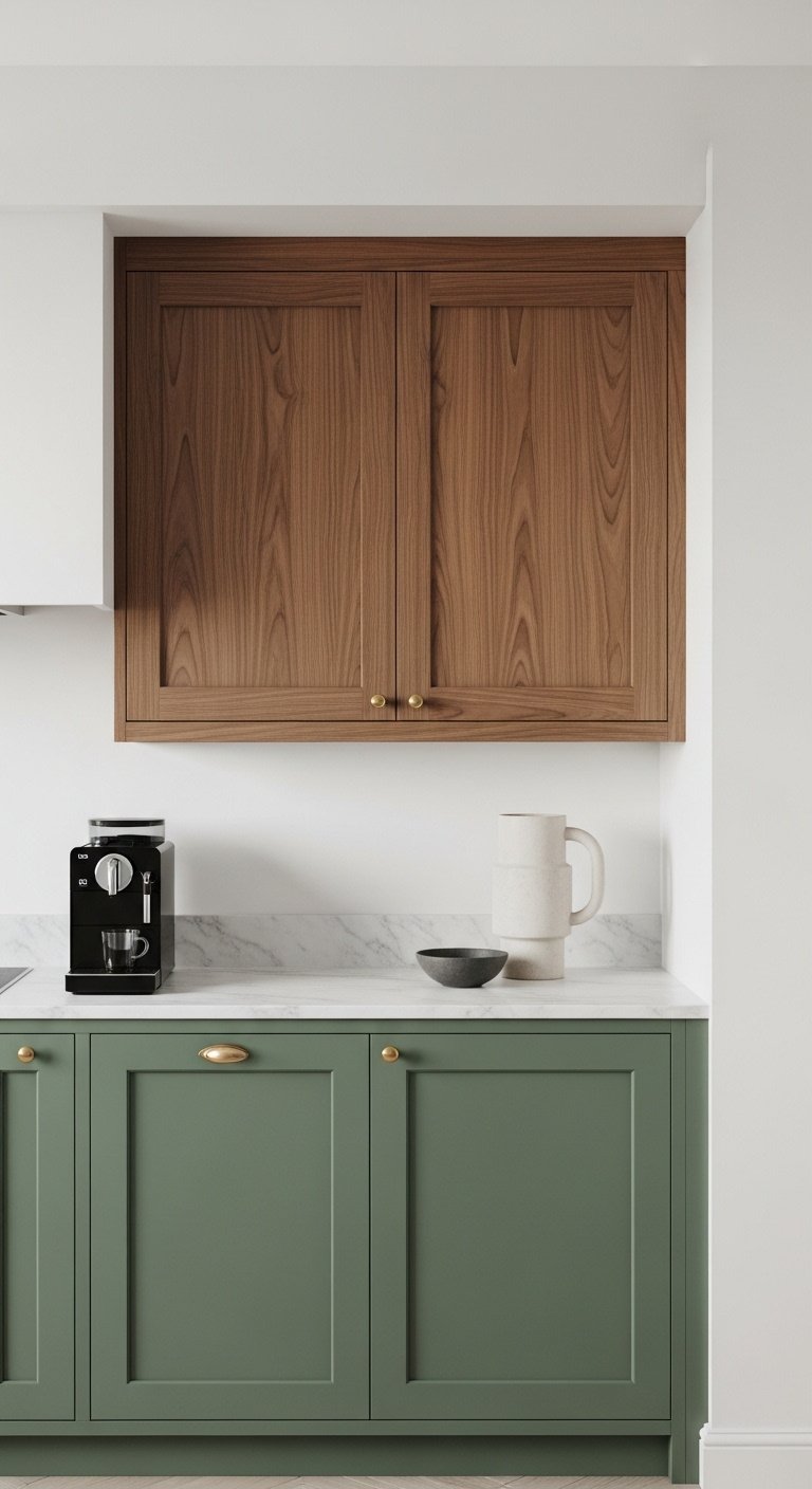 Modern kitchen with sage green base cabinets, natural walnut upper cabinets, marble countertop, black coffee machine, modern pottery.