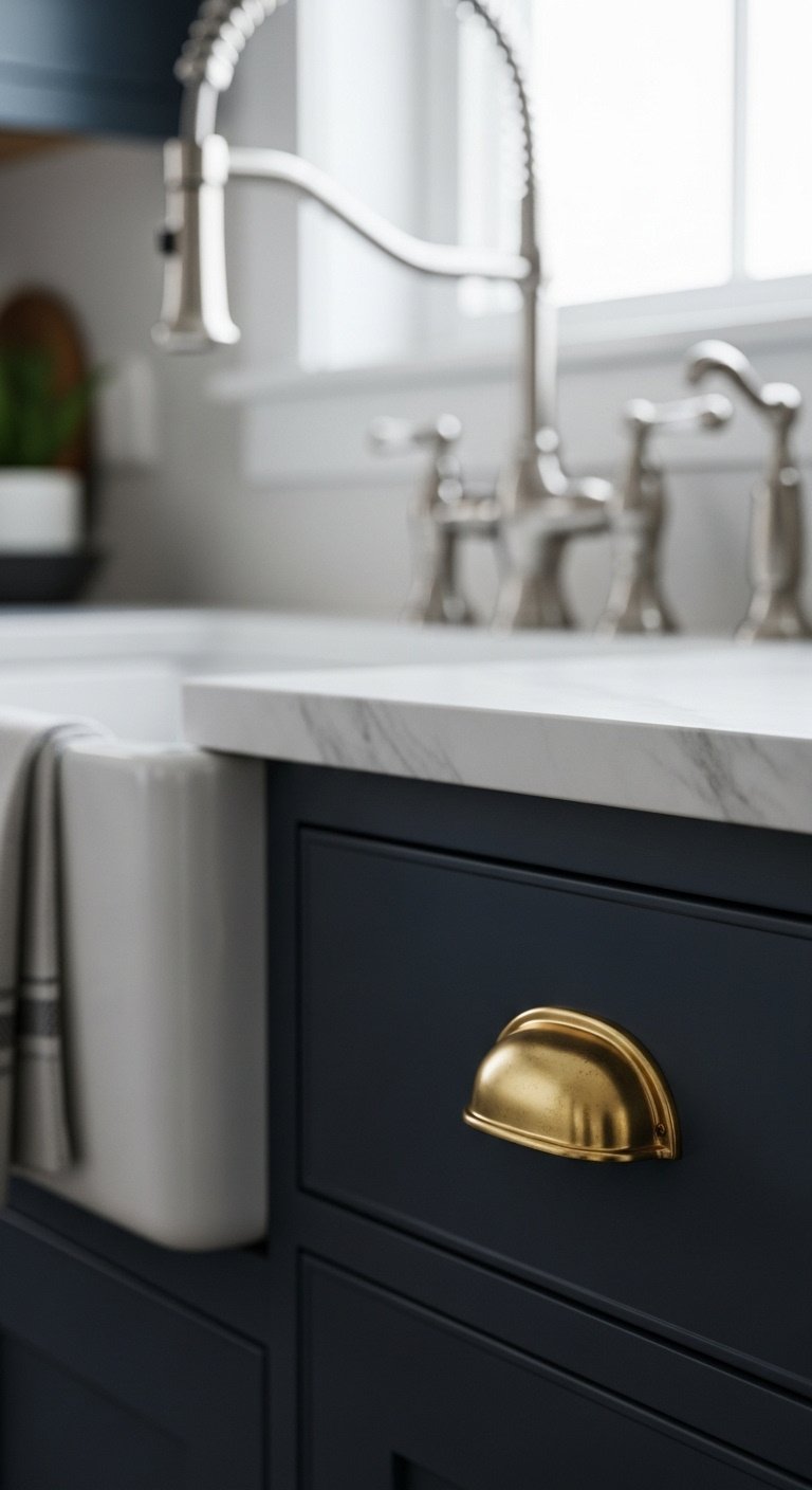 Modern kitchen with unlacquered brass hardware on navy cabinet and chrome faucet