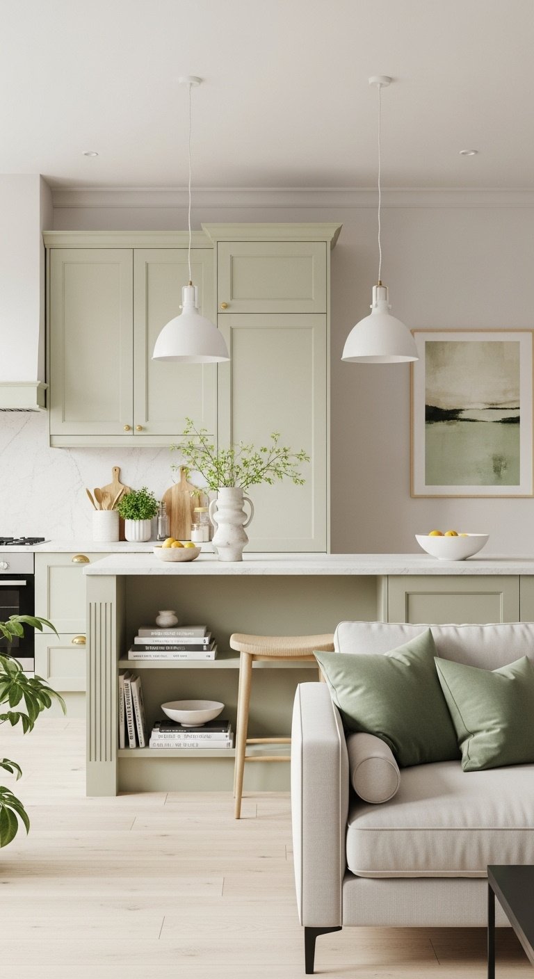 Modern open concept kitchen living room with cohesive sage green and cream color palette for visual flow elegant minimalist design