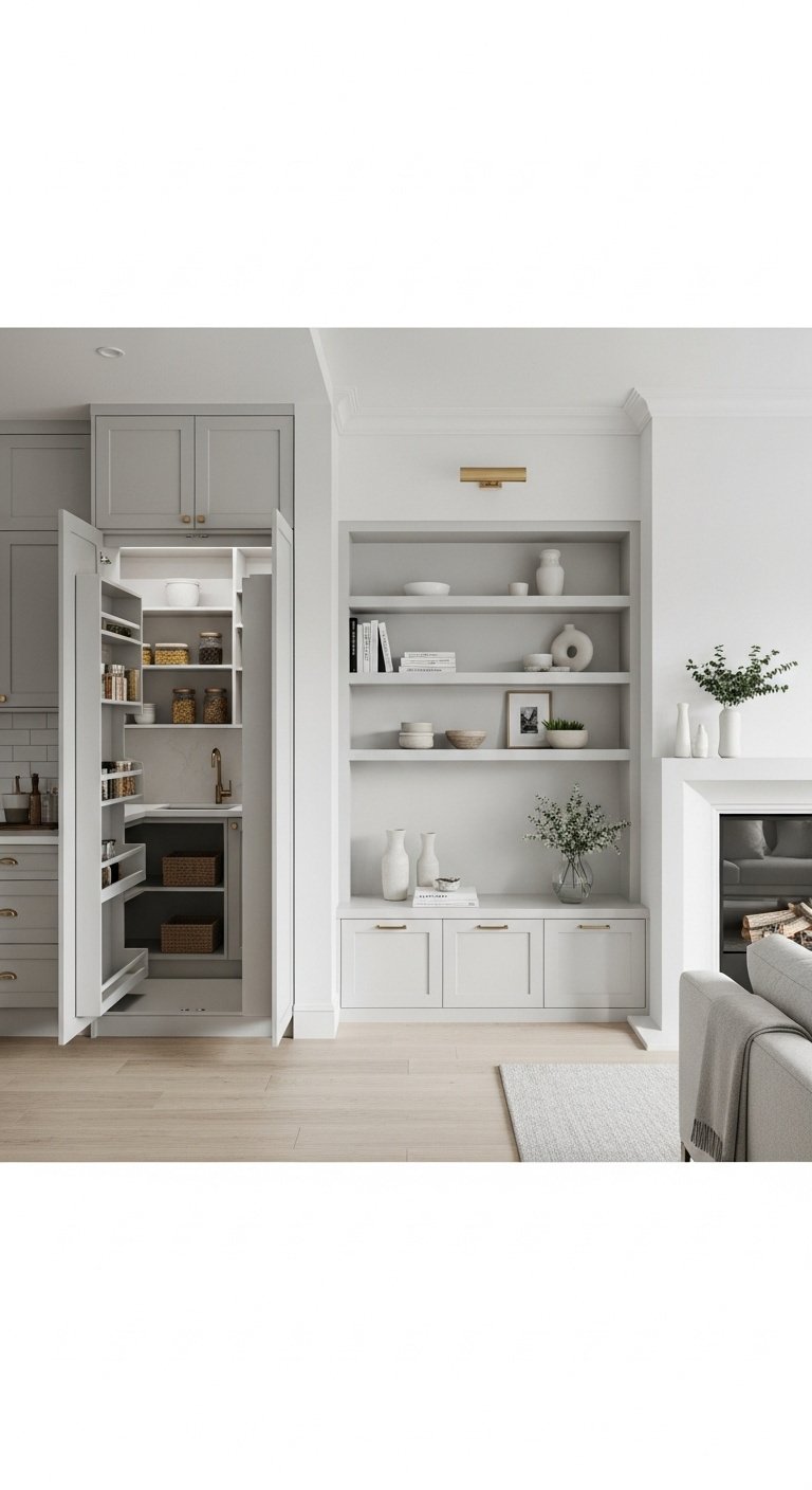 Modern open concept kitchen living room with smart integrated storage solutions minimizing clutter floor to ceiling pantry built in shelves