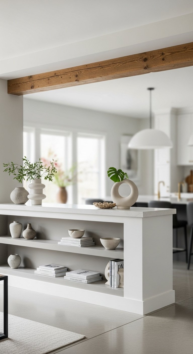 Modern open concept living space with architectural elements like a low half wall and decorative beam for subtle division