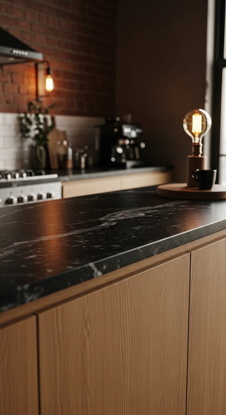 Nero Mist granite countertop, honed matte finish, gray veins, rift-sawn oak cabinet, Edison bulb lamp, black espresso machine.