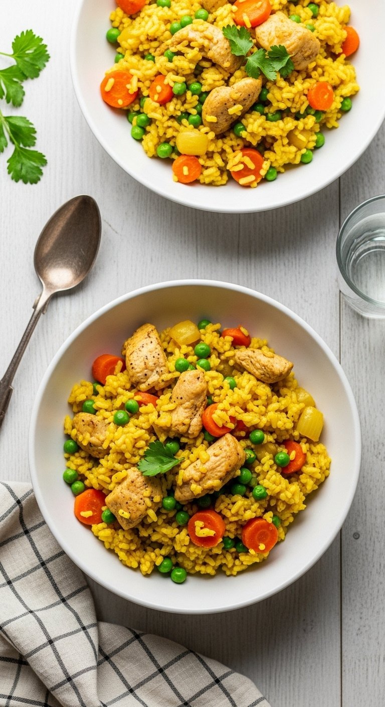 One-pot Instant Pot chicken and rice with carrots and peas in a bowl on a wooden table with a spoon and napkin