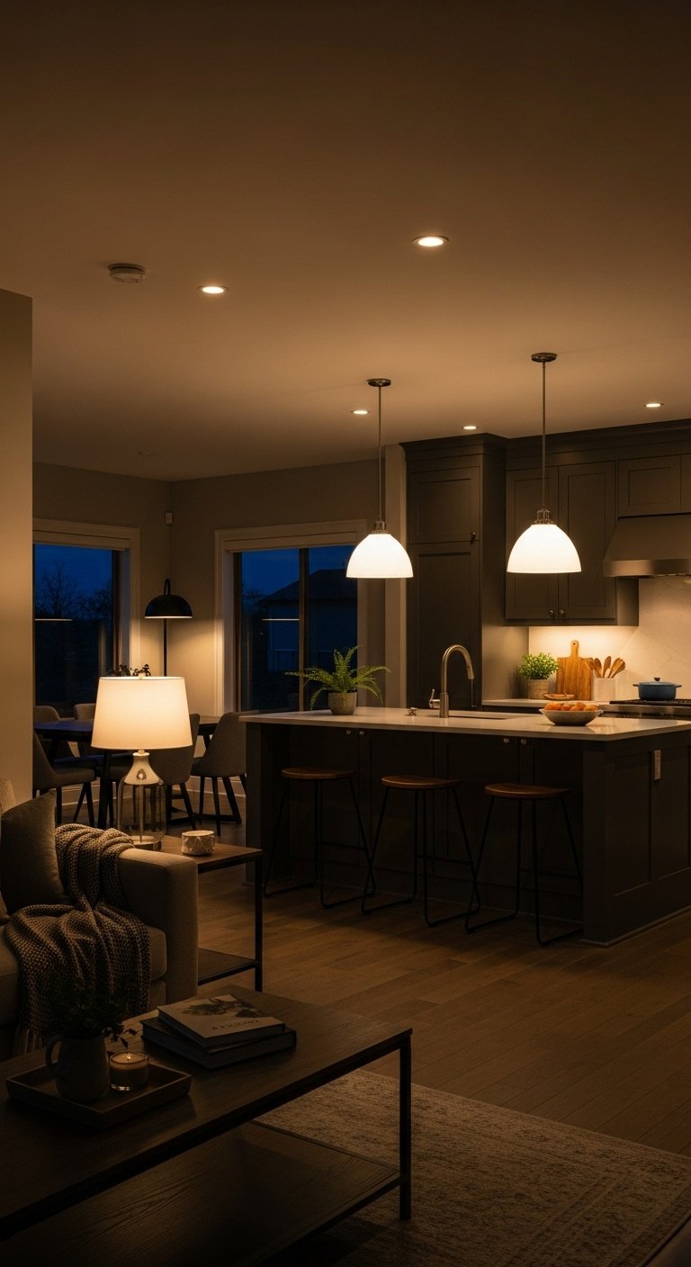 Open concept living kitchen at dusk with layered lighting defining zones creating cozy sophisticated mood recessed pendant floor table lamps