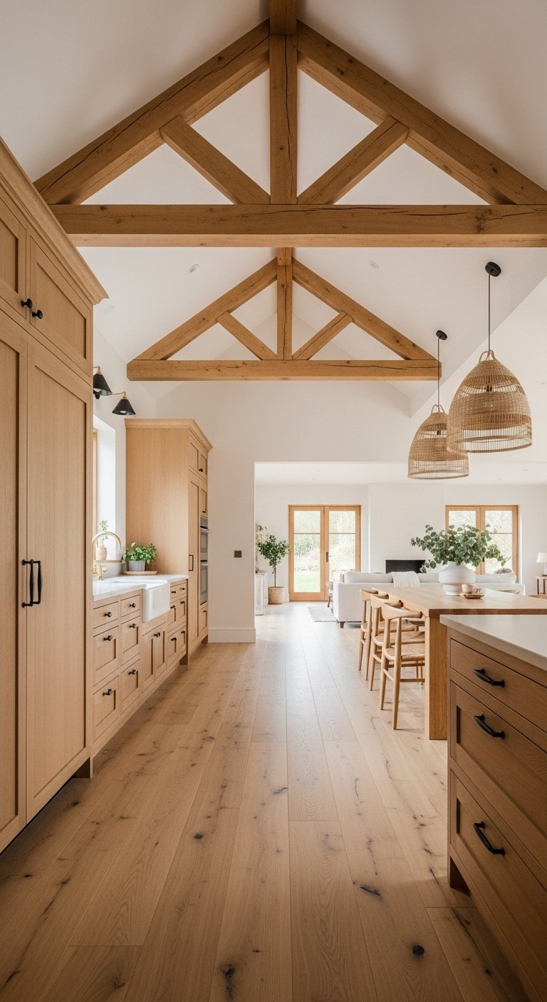 Open-plan kitchen with light oak cabinets, hardwood flooring, exposed oak beams, large dining table, woven pendant lights.