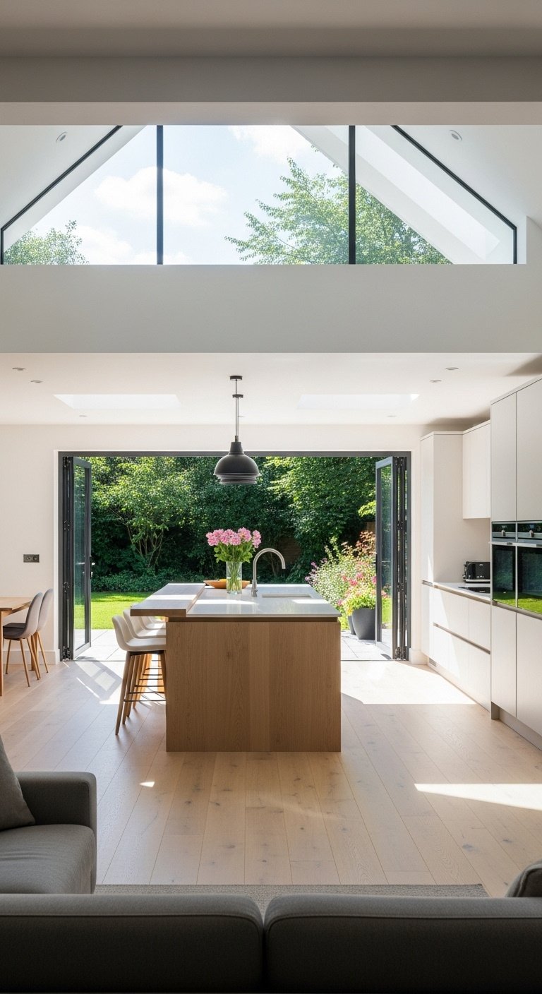 Open plan modern kitchen with large island abundant natural light and lush garden view