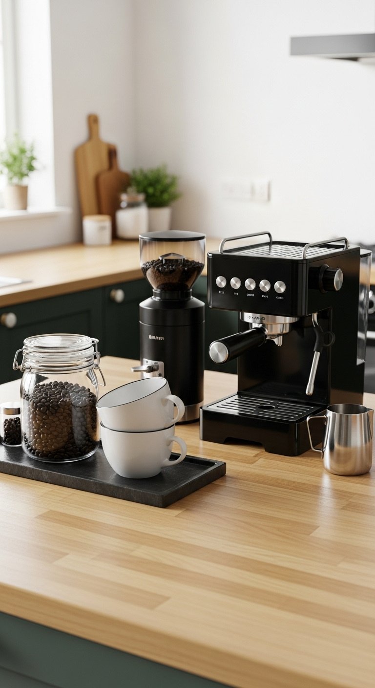 Organized coffee station with espresso machine grinder beans mugs on black slate tray on butcher block countertop in studio light