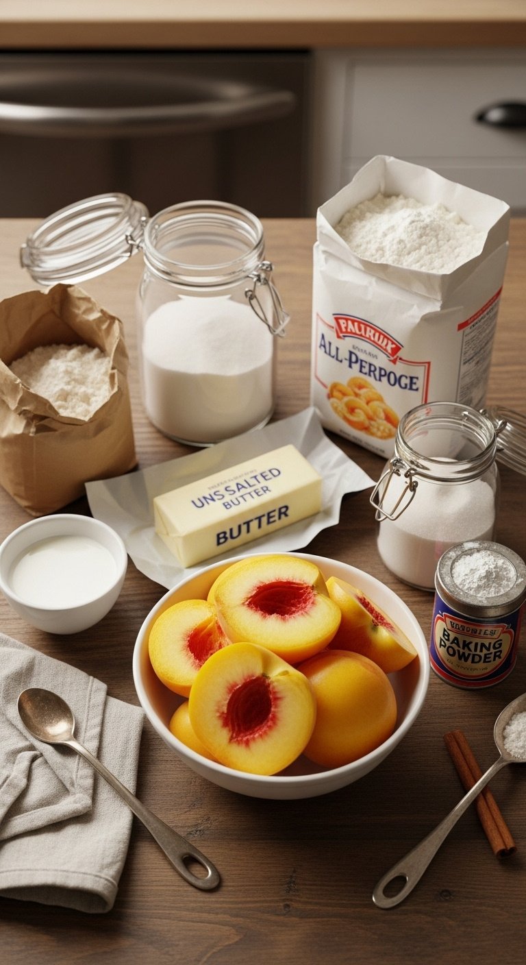 Organized flat lay of peach cobbler ingredients including sliced peaches butter flour sugar milk baking powder cinnamon on rustic wood table