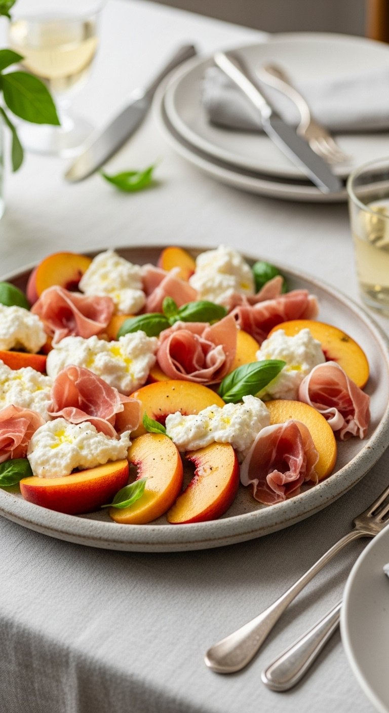 Peach burrata prosciutto salad with basil on rustic ceramic platter with linen tablecloth and wine in summer dining scene