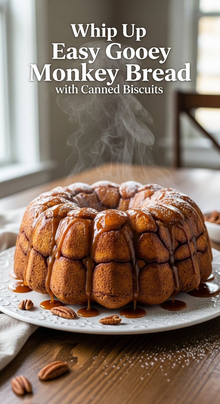 Perfectly baked golden brown monkey bread with gooey caramel sauce dripping on a white ceramic platter with powdered sugar and pecans