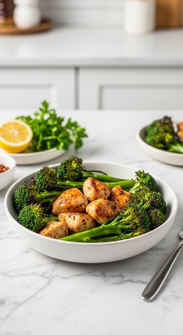 Perfectly cooked air fryer chicken and vibrant broccoli florets in a ceramic bowl with lemon and parsley on marble