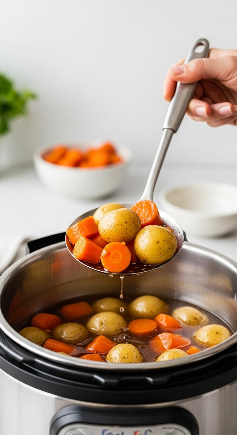 Perfectly cooked vibrant carrots and baby potatoes lifted from Instant Pot liquid with slotted spoon into a bowl