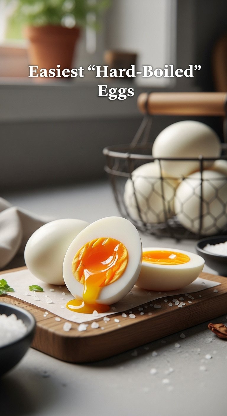 Perfectly peeled air fryer hard-boiled eggs, one sliced to show a bright yellow yolk, with sea salt on a rustic wooden board