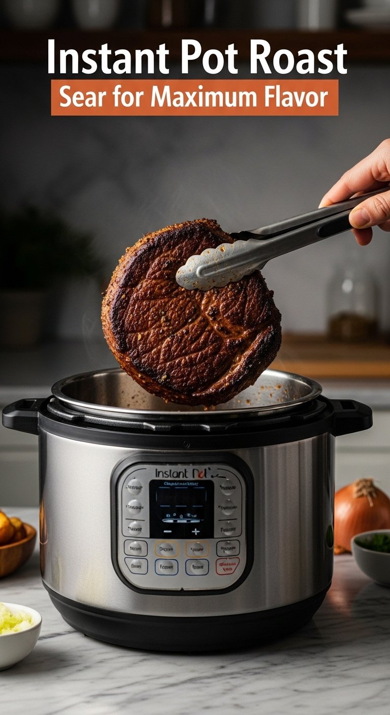 Perfectly seared chuck roast lifted from Instant Pot with tongs showing browned bits and chopped onions nearby