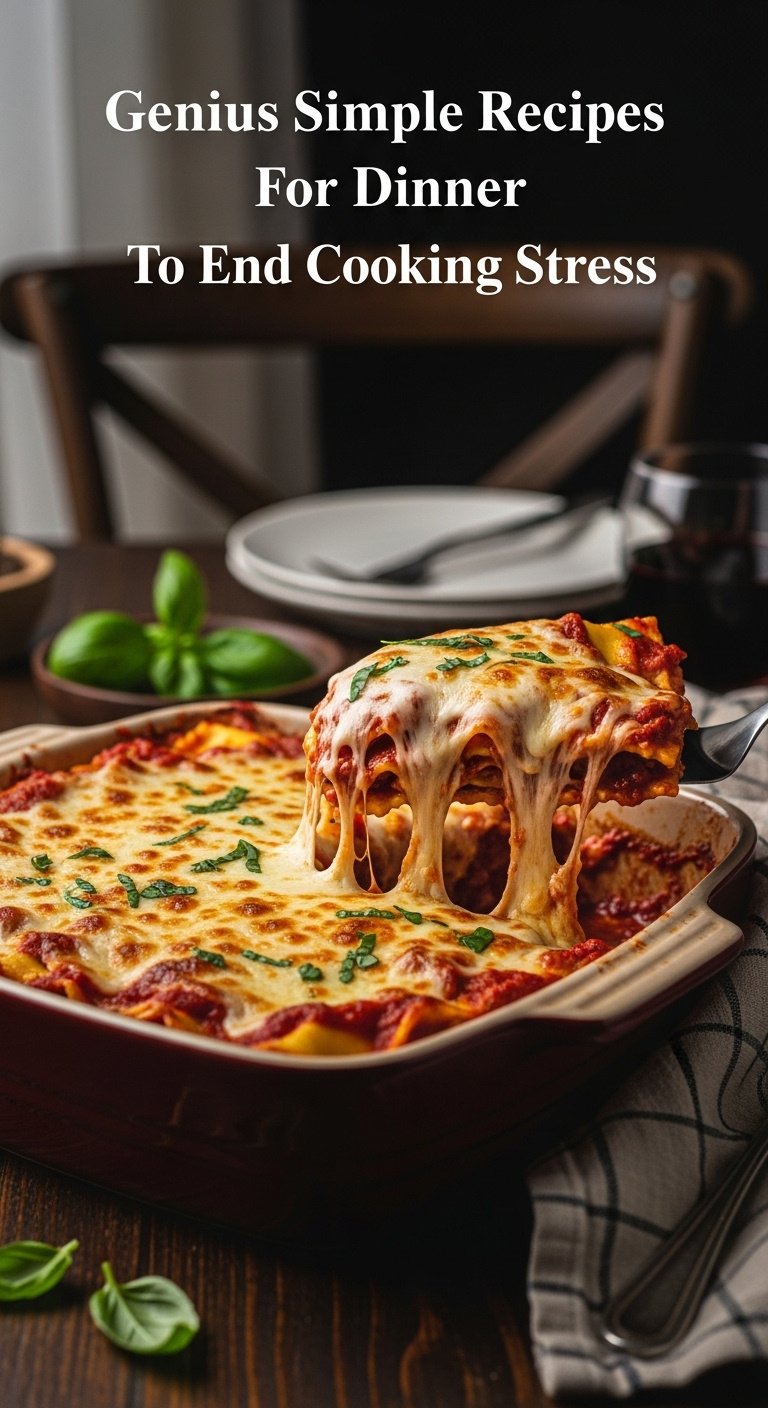 Photorealistic 15-minute ravioli lasagna with melted cheese basil red wine and a checkered napkin on a dark wooden table with moody light