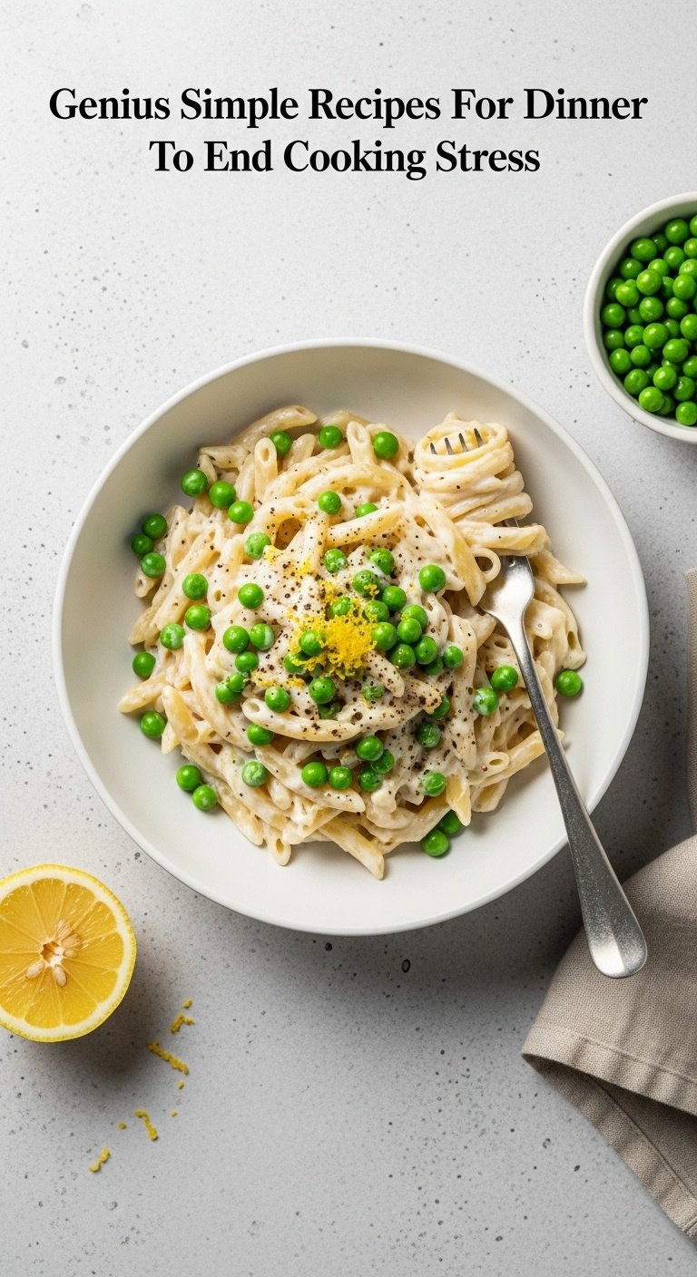 Photorealistic 20-minute creamy pea pasta with black pepper lemon zest fork half lemon and napkin on a light grey textured surface