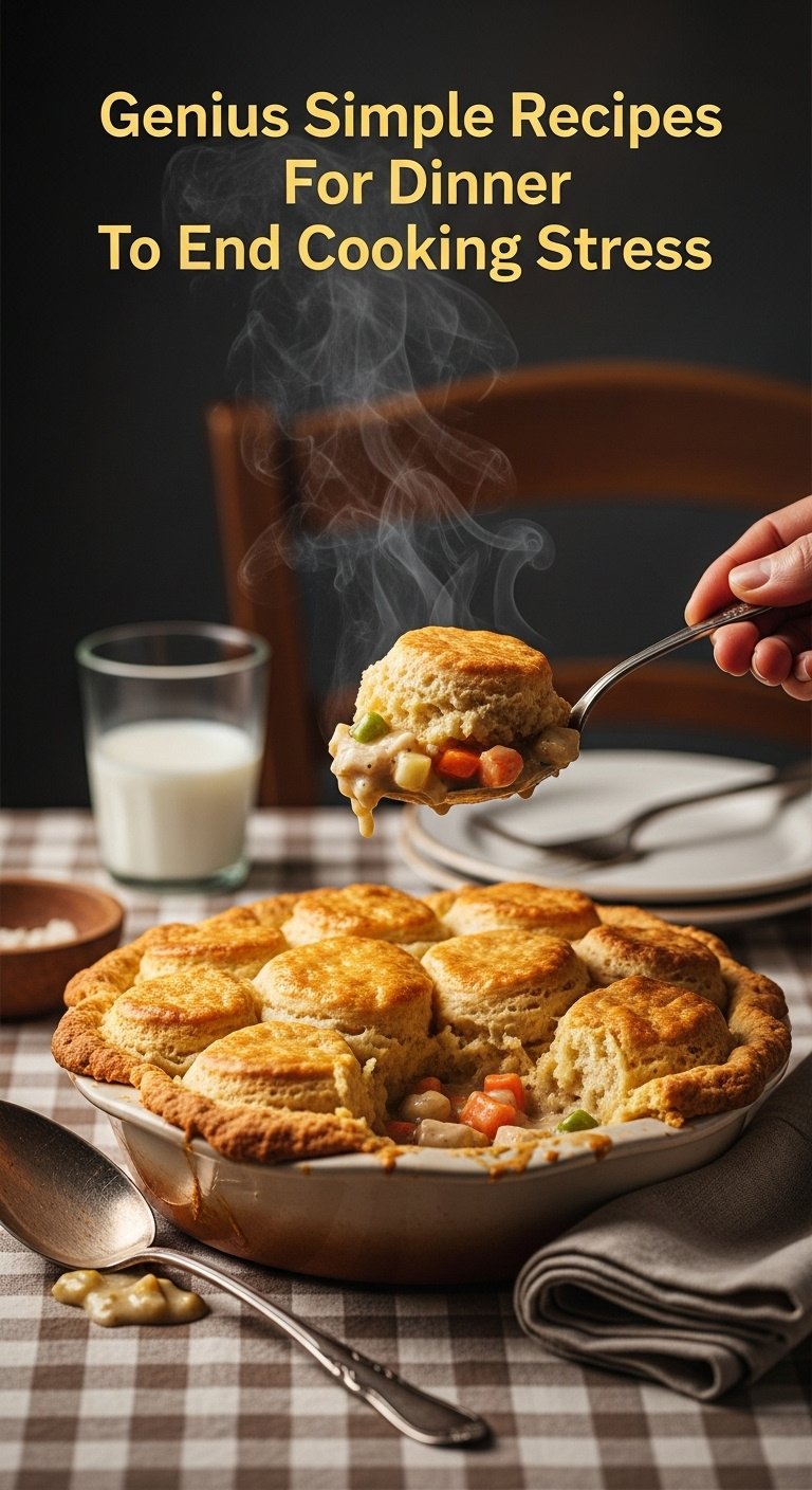 Photorealistic Moms chicken pot pie with biscuit crust creamy filling vegetables spoon milk and napkin on a checkered tablecloth in a warm dining area