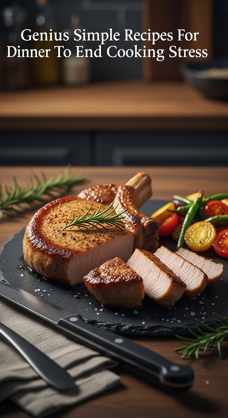 Photorealistic air fryer pork chop with roasted vegetables rosemary steak knife and napkin on a dark slate plate with moody light