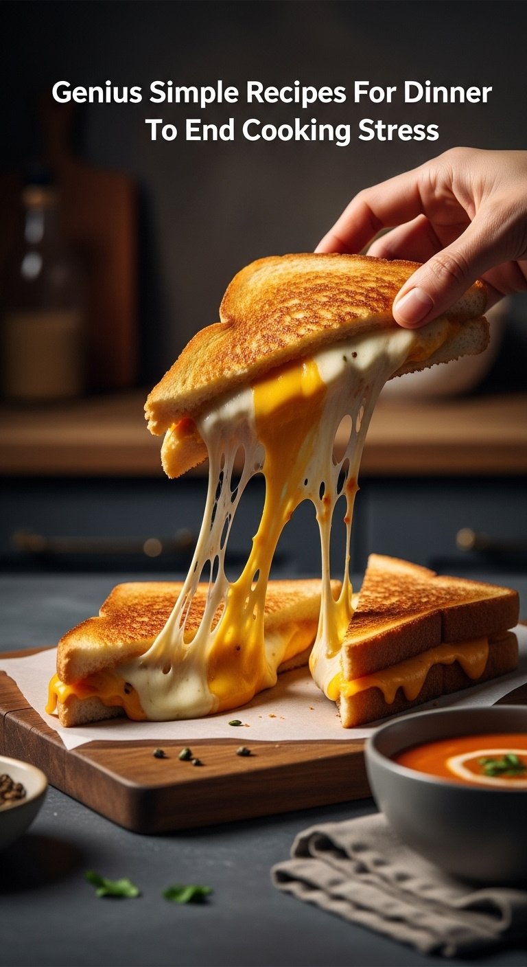 Photorealistic best grilled cheese with a gooey cheese pull tomato soup and napkin on a rustic wooden board with warm moody light