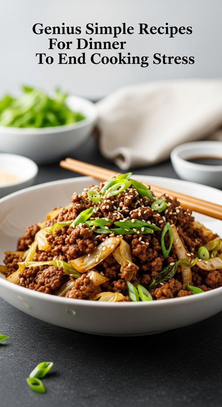 Photorealistic ground beef and cabbage stir fry with green onions sesame seeds chopsticks and soy sauce in a white bowl with studio light