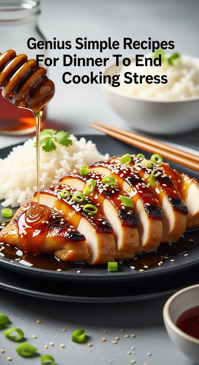 Photorealistic honey glazed chicken with sesame seeds green onions white rice chopsticks and extra glaze on a dark plate with studio light