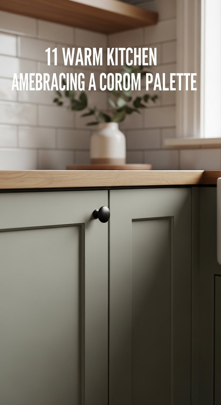 Photorealistic kitchen cabinet door in soft earthy sage green with a matte black knob and blurred white tile backsplash