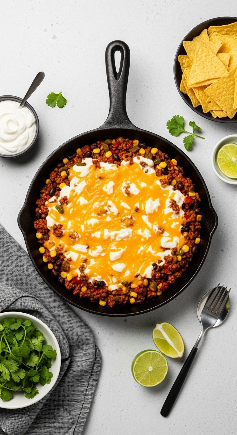 Photorealistic one pan cheesy ground beef taco skillet with sour cream cilantro tortilla chips and lime on a light surface with studio light