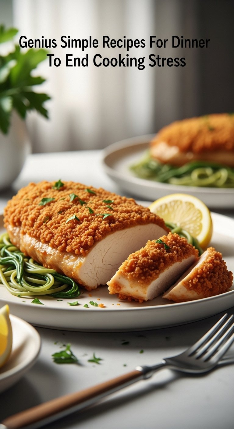 Photorealistic parmesan crusted chicken sliced with pasta greens fork lemon and parsley on a white plate with soft natural window light