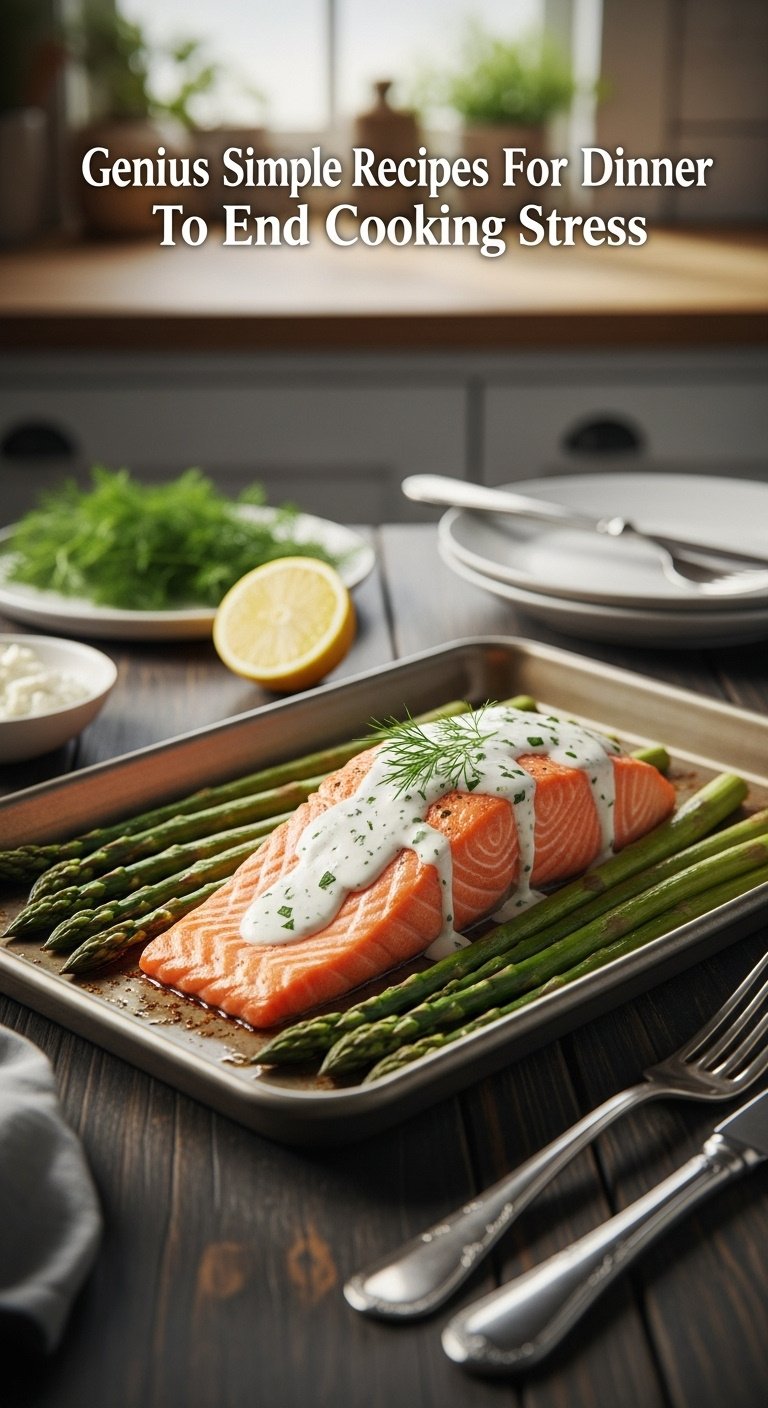 Photorealistic sheet pan salmon with feta sauce asparagus lemon and dill on a rustic wood table in a kitchen with soft natural light