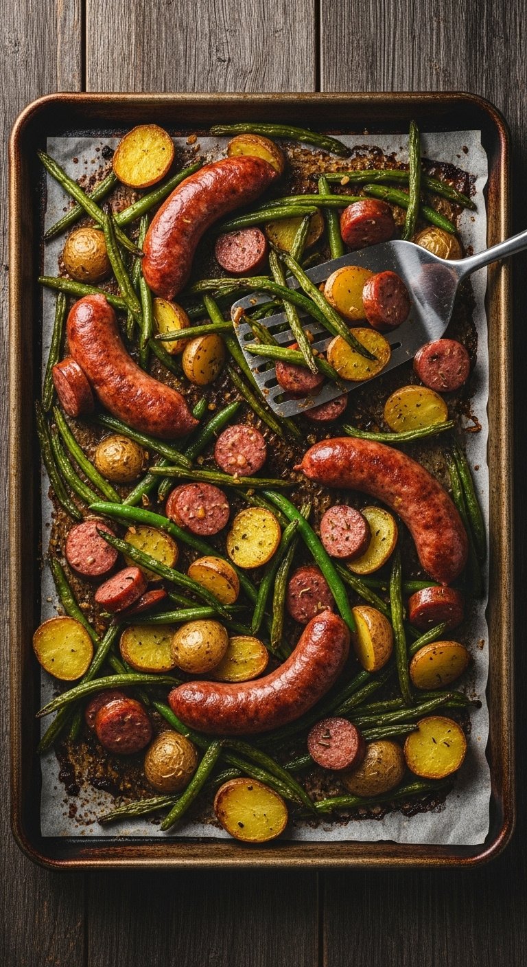 Photorealistic sheet pan sausage green beans and potatoes with metal spatula and parchment paper on a dark wooden table with moody light