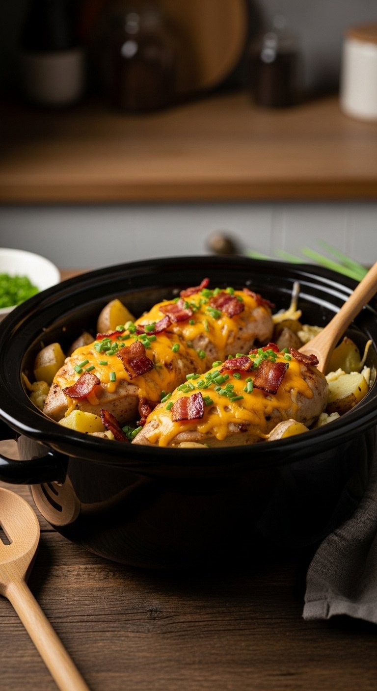 Photorealistic slow cooker loaded chicken and potatoes with cheese bacon chives spoon and napkin on a rustic wood table in a warm kitchen