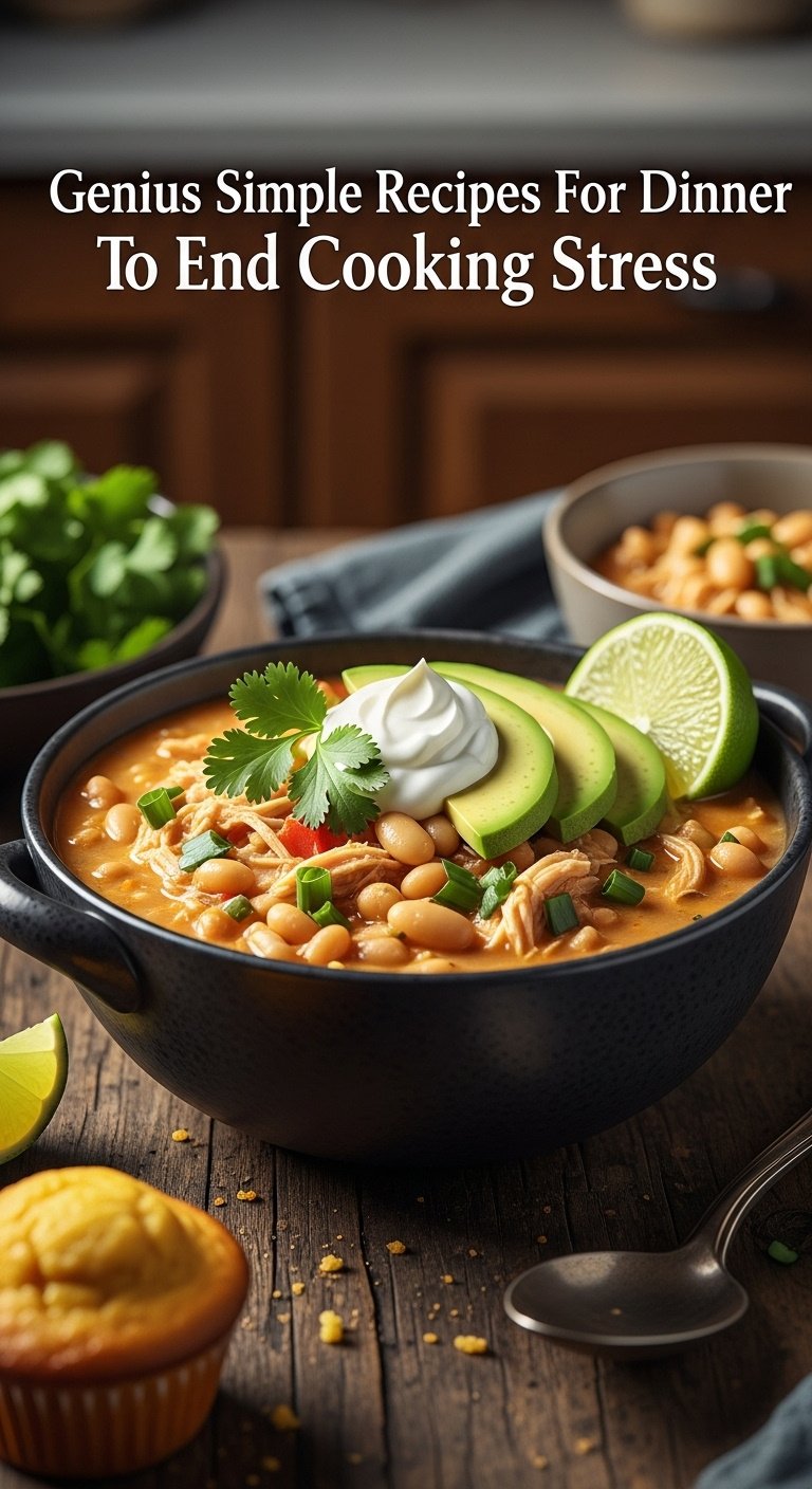 Photorealistic slow cooker white chicken chili with sour cream cilantro avocado lime cornbread muffin and spoon on a dark wood surface