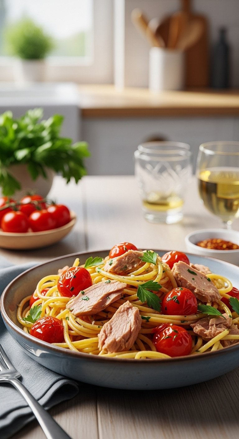 Photorealistic tuna and tomato pasta with parsley fork white wine and red pepper flakes in a light blue bowl on a light wood table