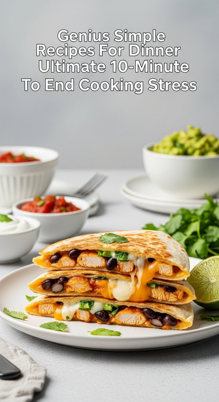Photorealistic ultimate 10-minute quesadillas with chicken cheese black beans salsa sour cream guacamole lime and cilantro on a white plate