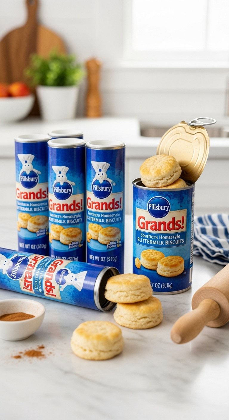 Pillsbury Grands Southern Homestyle Buttermilk Biscuits for monkey bread flat lay with cinnamon bowl and rolling pin on marble countertop