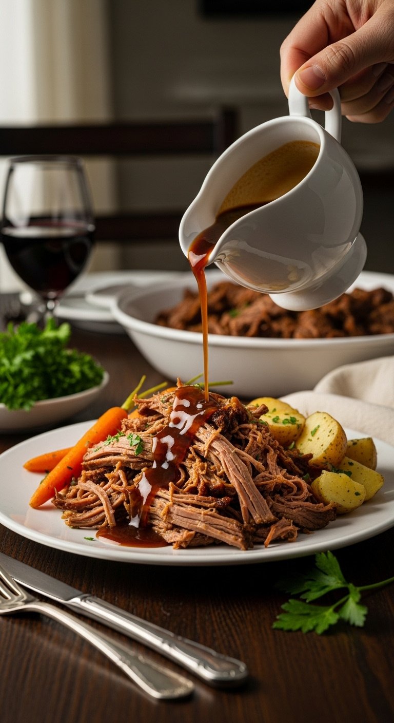 Plated Instant Pot roast shredded beef carrots potatoes with rich gravy being poured from gravy boat on dark wood table