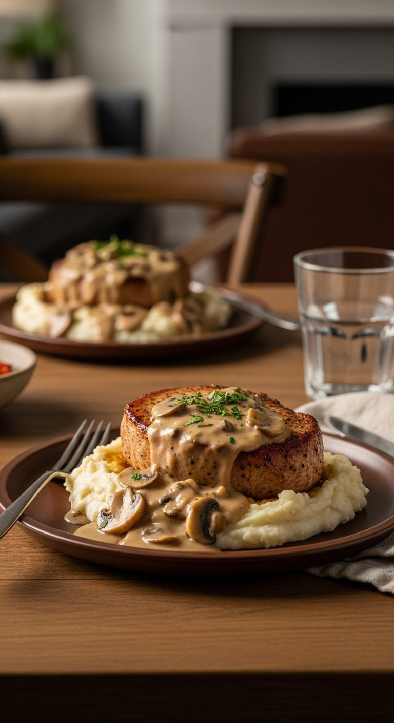 Pork chop with creamy mushroom gravy on mashed potatoes with parsley on an earthenware plate with a fork and napkin