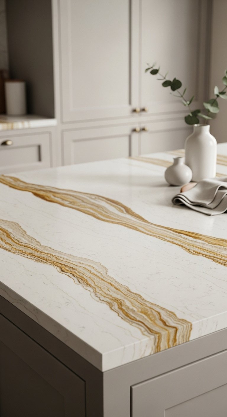 Pristine Vicostone Misterio Gold quartz countertop, warm gold and brown veining, off-white shaker cabinets, eucalyptus stem, linen napkin.