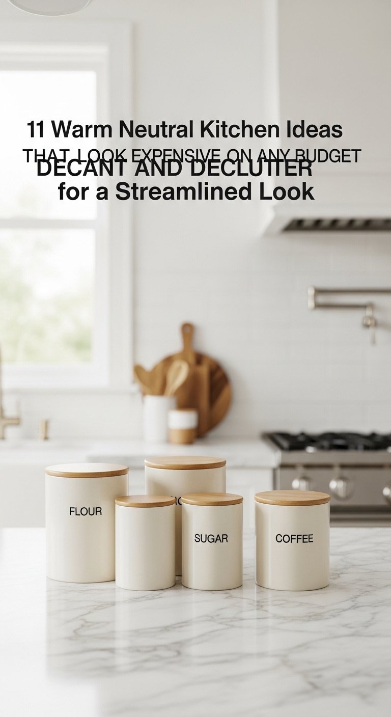 Pristine decluttered warm neutral kitchen countertop with matching ceramic canisters for flour sugar and coffee in soft light