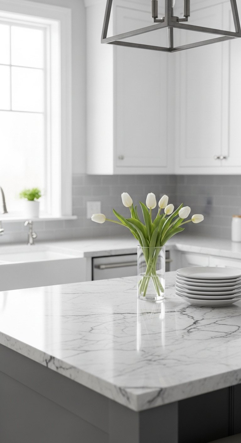Pristine kitchen island with River White granite, delicate gray veins, burgundy flecks, white cabinets, glass vase, white tulips.