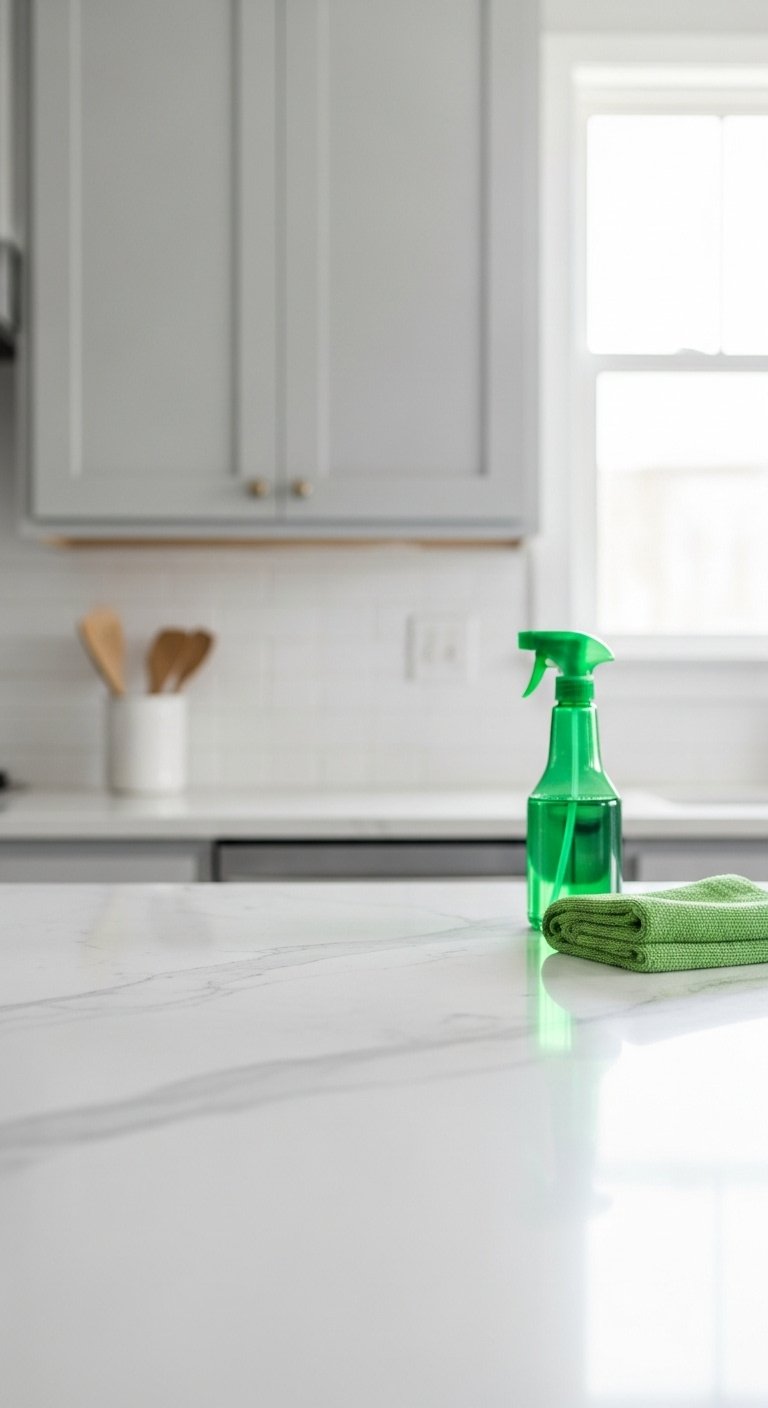 Pristine white quartz kitchen countertop with cleaning spray and cloth in a minimalist, natural light setting