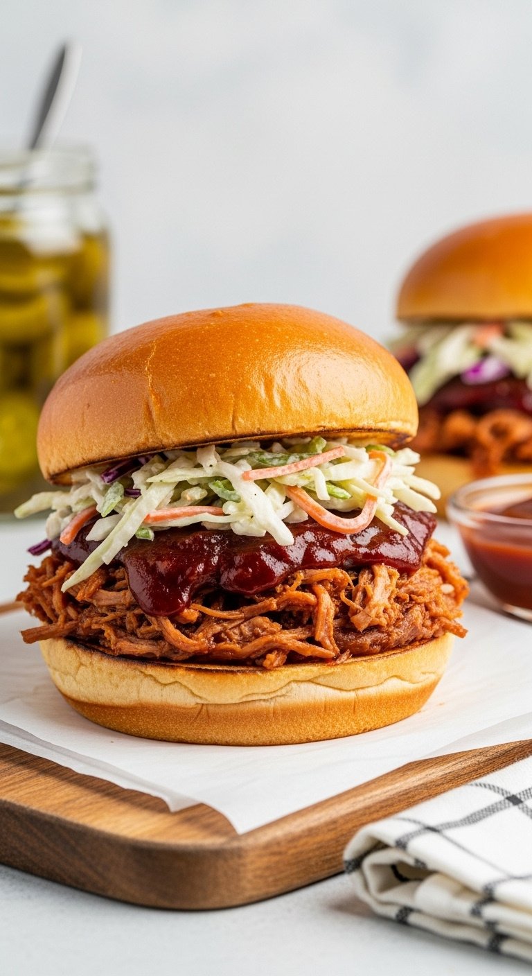 Pulled pork sandwich with coleslaw on a brioche bun with pickles and BBQ sauce on a wooden board in a picnic setting