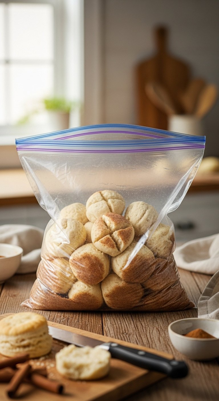 Quartered biscuit dough pieces in a zip-top bag with cinnamon sugar mixture on a rustic wood table with a knife and cutting board