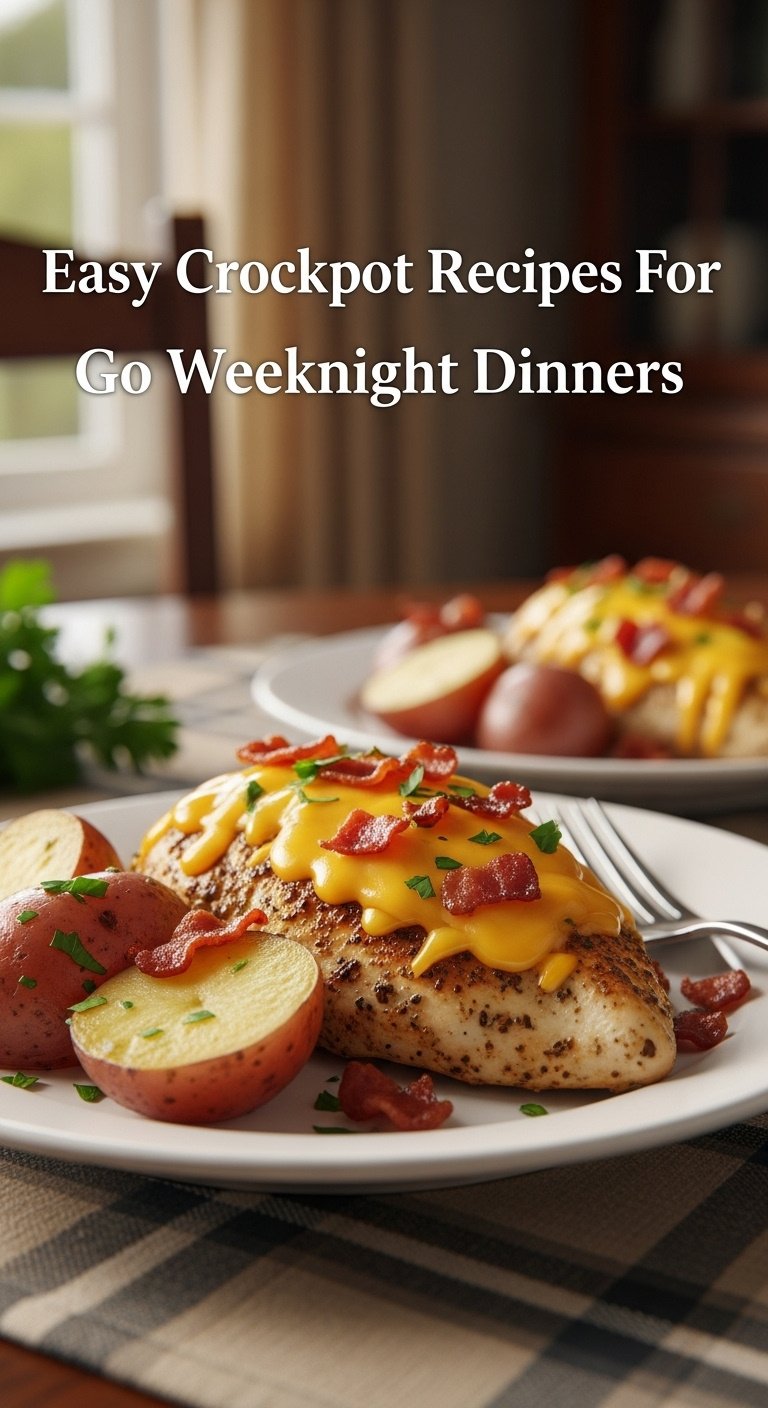 Ranch chicken and potatoes with melted cheddar and bacon on a white plate with a fork and parsley on a plaid tablecloth