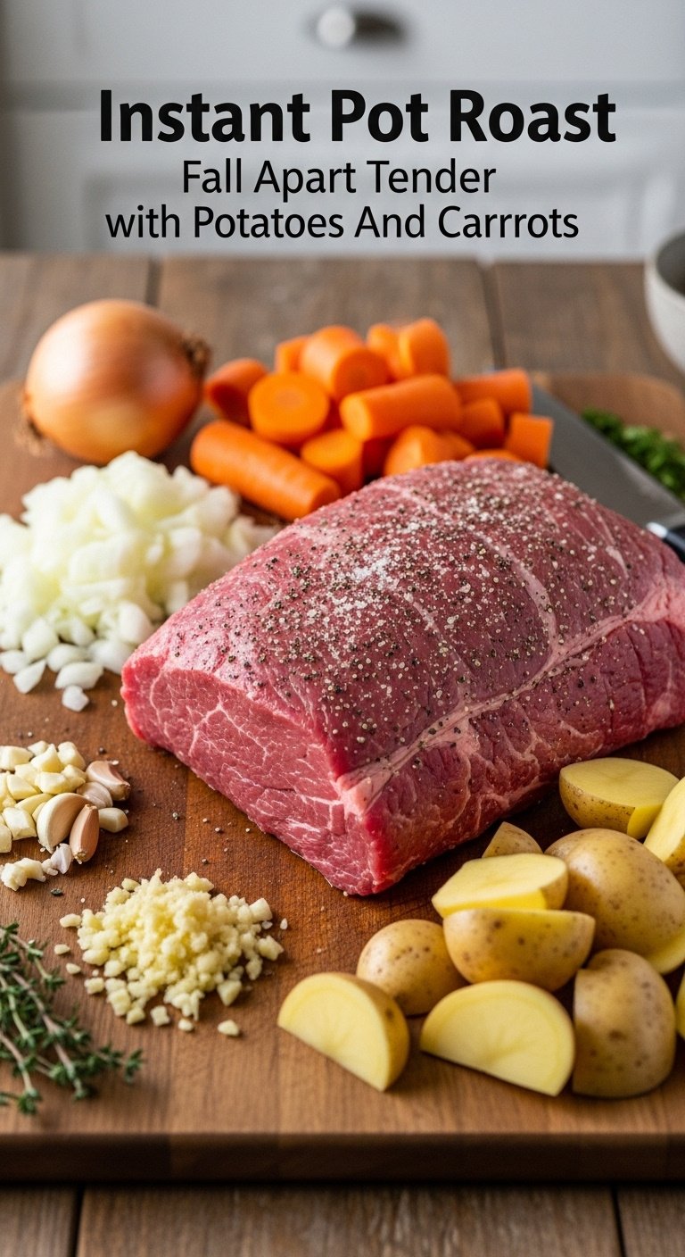Raw chuck roast seasoned on a wooden cutting board with chopped onion garlic carrots potatoes thyme and chef knife