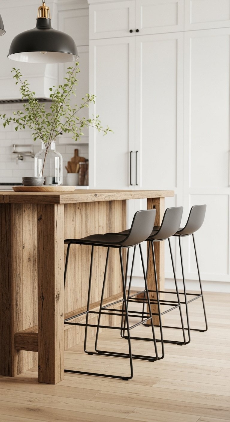 Reclaimed wood kitchen island with modern black metal bar stools and a glass vase with a green branch
