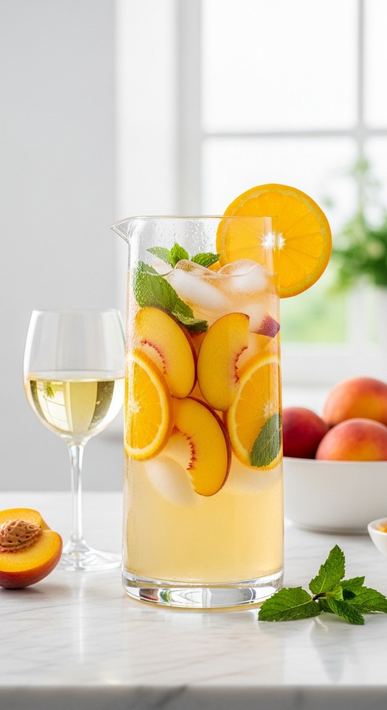 Refreshing white peach sangria pitcher with peach slices orange and mint on marble counter with patio background