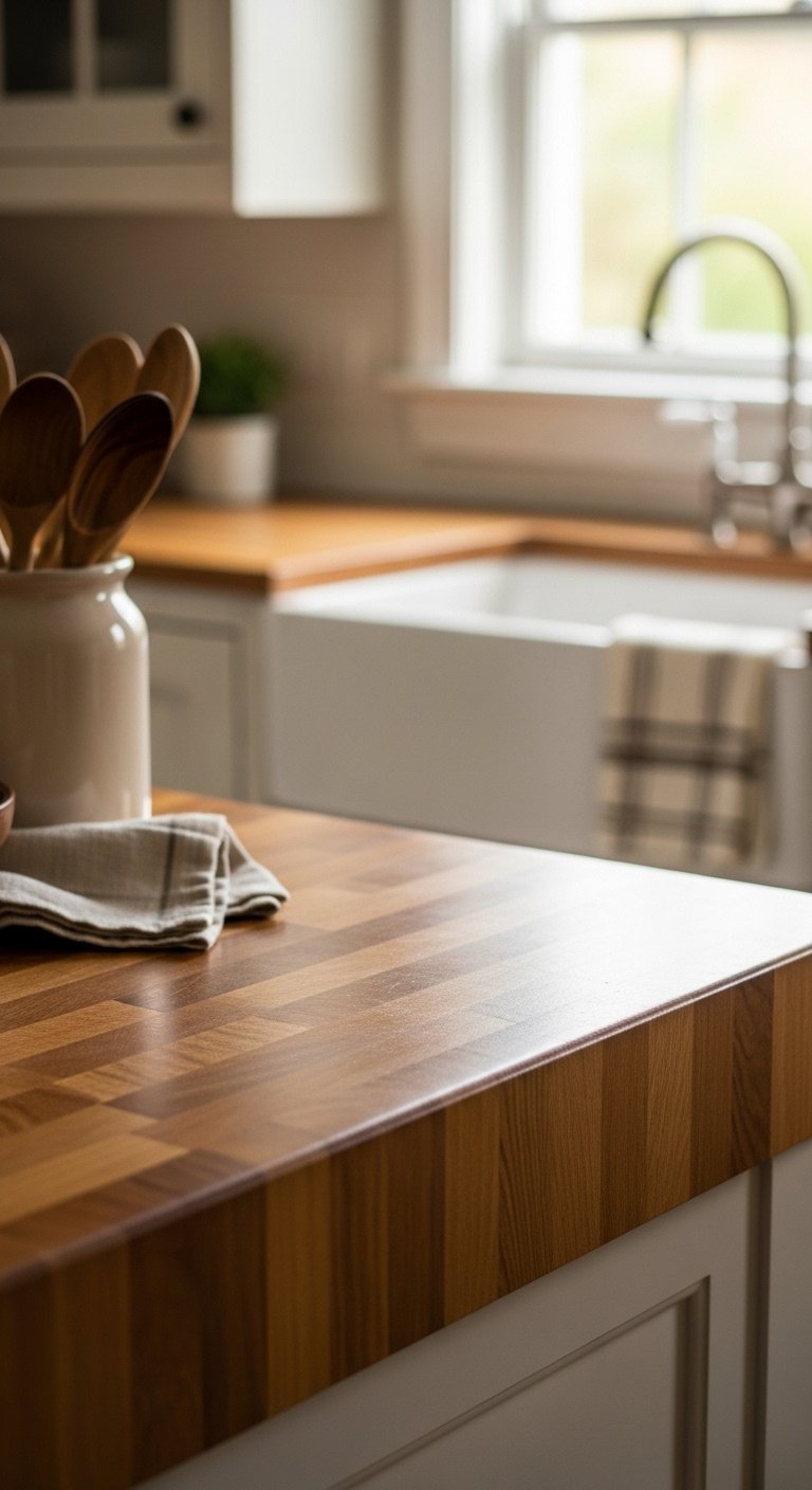 Richly grained butcher block countertop with wooden spoons and linen towel by a blurred farmhouse sink in cottage kitchen