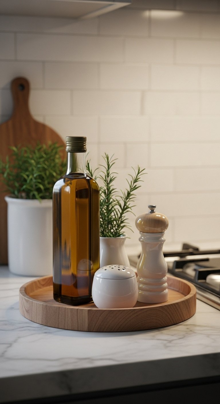 Round wooden tray on marble countertop with olive oil salt cellar pepper grinder and rosemary in warm moody light
