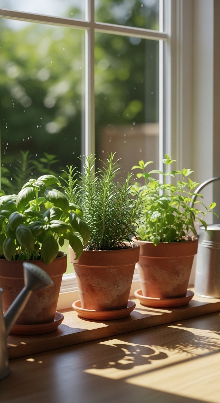 Row of lush green herbs in terracotta pots on a sunny kitchen windowsill with a blurred garden view outside